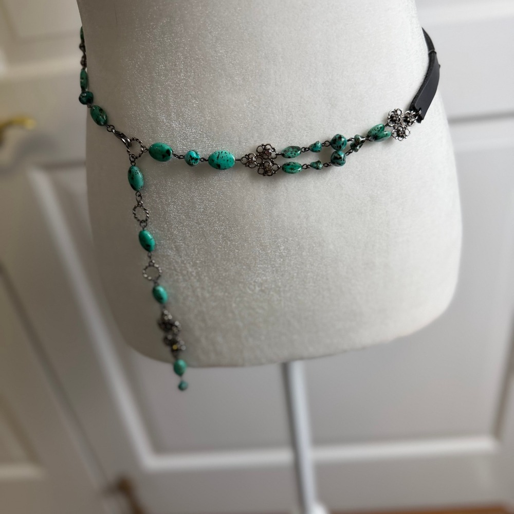Turquoise Stone Black Leather Chain Belt Rhinestone Drop Size M/L - Picture 11 of 15